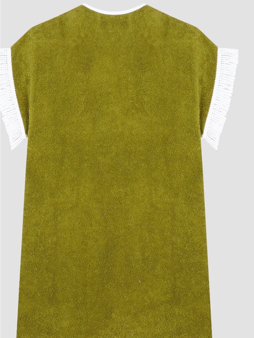 Olive Green Mini Dress with White Fringe Sleeves - Picture 2 of 7